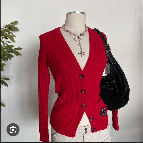 Hollister Sweaters - Hollister red chunky cable knit cardigan